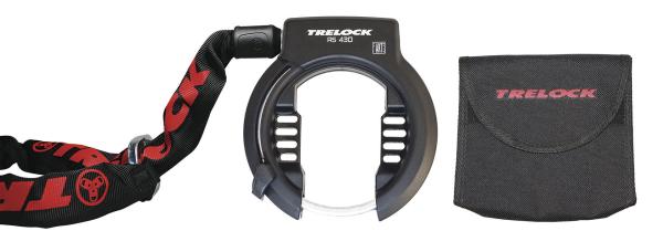 TRELOCK Rahmenschloss Set RS 430 P-O-C AZ inkl. Kette ZR 355 (100 cm) und Tasche 60 mm schwa